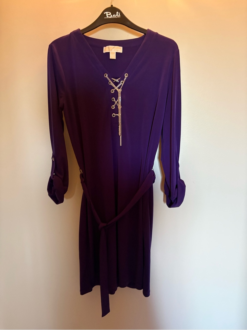 Michael Kors Deep Purple Long Sleeve V-Neck Dress with Chain Accent